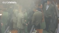 Gas air mata dilemparkan oleh pihak oposisi partai Levizja Vetvendosje di dalam ruang sidang. Setidaknya ada empat gas air mata yang dilepaskan di dalam ruang sidang parlemen. (Foto: Dok. Euronews)