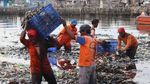 Potret Kerja Keras Petugas Bersihkan Lautan Sampah di Teluk Jakarta