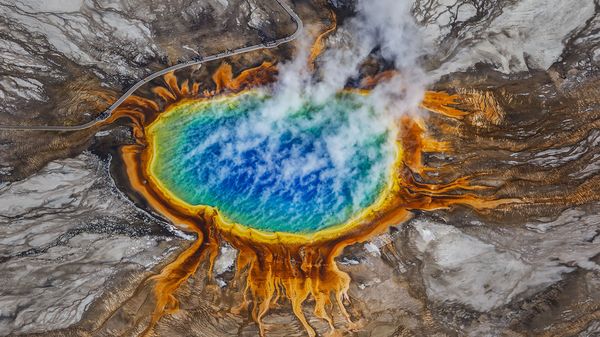 An aerial view of the incredible Grand Prismatic Spring in Wyoming, USA's Yellowstone National Park