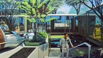 Gambar pada tahun 1969 oleh Syd Mead ini memprediksi rumah masa depan akan seperti apa. Di mana sebagian besar bahan dari baja dan kaca, serta ada mobil futuristik terparkir di halamannya. Foto: Lifebuzz