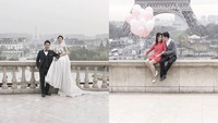 Foto prewed berlatar menara Eiffel pun jadi (Kiri China, kanan Paris). Istimewa/Boredpanda.