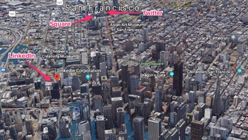 Kantor LinkedIn nyaris tenggelam, sedangkan Square dan Twitter aman dari banjir. Foto: Google Earth via Business Insider