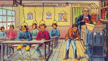 Pada tahun 1899, seniman Jean Marc membuat visi bahwa di masa depan ilmu di buku bisa langsug ditanam di otak para siswa. Sampai sekarang, belum ada teknologi semacam ini. Foto: Lifebuzz