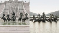 Aslinya, air mancur Apollo ada di Istana Versaille, Paris. Tapi China juga punya tiruannya (Kiri China, kanan Paris). Istimewa/Boredpanda.