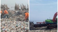 Foto di sebelah kiri adalah saat pasukan oranye berjibaku membersihkan sampah di Teluk Jakarta pada Sabtu (17/3) lalu. Sementara foto sebelah kanan adalah proses pembersihan yang dilakukan pada hari ini.