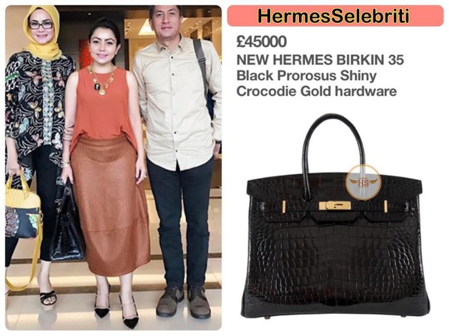 Mayangsari yang menikah dengan Bambang Trihatmojo pada 2011 tampil dengan busana bernuansa cokelat dan melengkapi penampilannya dengan membawa tas Hermes seri Birkin 35 cm Black Prorosus Shiny Crocodile yang harganya mencapai 45 ribu poundsterling atau sekitar Rp 877 juta. Foto: Dok. Instagram HermesSelebriti