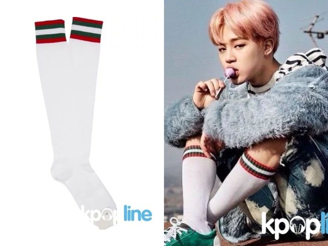 Kaus kaki putih dengan garis di bagian atas juga menjadi koleksi Jimin, BTS. Miliknya datang dari Gucci yang dibanderol US$ 95 atau Rp 1,3 juta. Foto: Istimewa