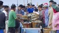 Pengepul ikan mengerumuni hasil tangkapan nelayan.