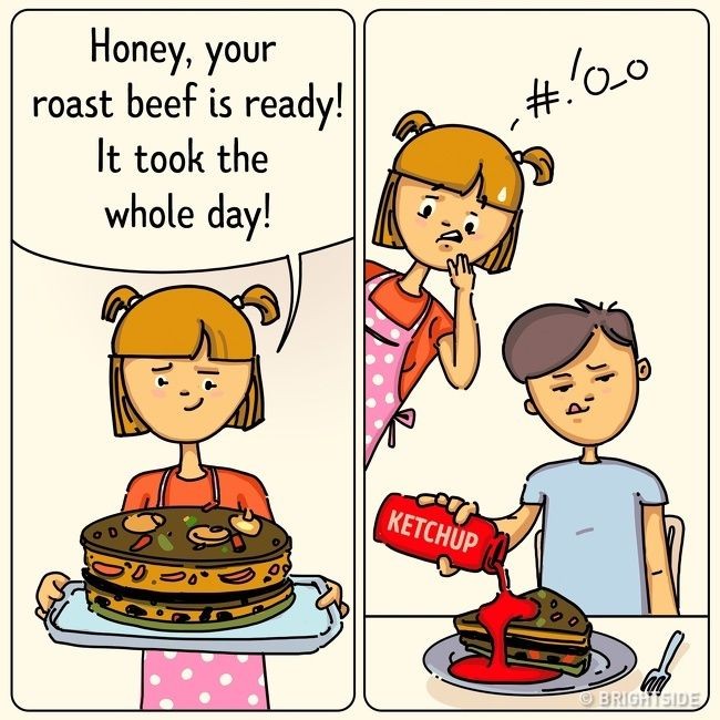 Kesal tentunya saat kamu telah mencoba membuat makanan dengan berbagai resep dan menghabiskan banyak waktu untuk membuatnya, tapi pasanganmu malah merusak penampilan makanan tersebut dengan menaruh saus di sembarang tempat. Foto: dok. Brightside