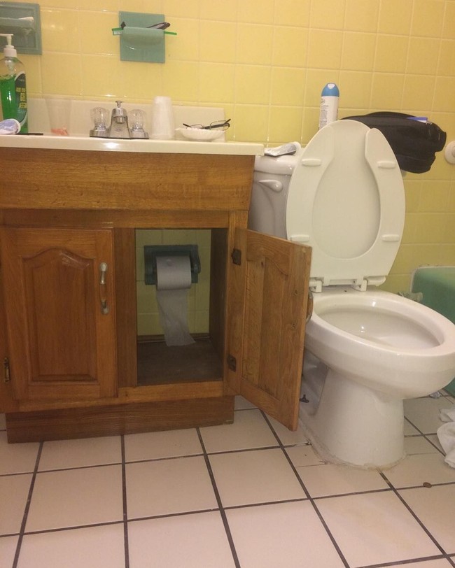 Konsep kamar mandi ini terlampau unik. Sepertinya pemilik rumah tak ingin tisu toiletnya cepat habis sehingga disembunyikan dalam lemari. Foto: Instagram @pleasehatethesethings