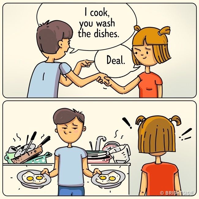 Berbagi tugas siapa yang memasak dan mencuci pirang. Tapi, kesal saat pasanganmu hanya memasak telur dan cucian piringnya sangat banyak. Foto: dok. Brightside