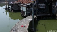 Rumah-rumah panggung berdinding triplek yang menjadi tempat tinggal warga berjejer di atas air disangga tiang kayu dan beton.