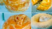 Kira-kira begini nih bentuk cake ular saat dibuat, ketika sudah jadi dan dipotong. Bagian dalamnya sponge cake enak lho! Foto: Instagram anabela.figueiredo20