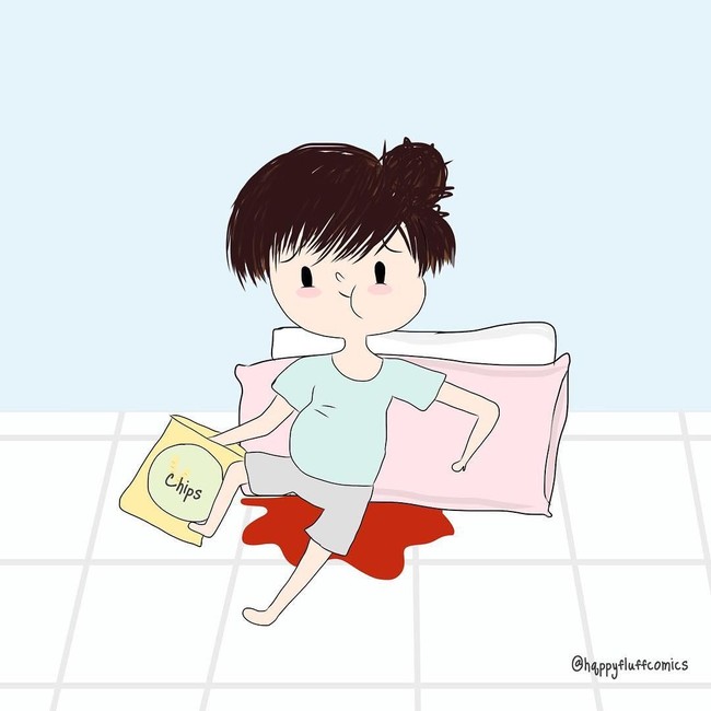 Apalagi saat sedang menstruasi. Nafsu makan nggak bisa dibendung. Foto: Instagram @happyfluffcomics