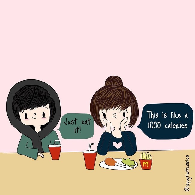 Walau sedang berniat untuk diet pasti ada teman yang mendukung hobi kamu untuk makan. Foto: Instagram @happyfluffcomics