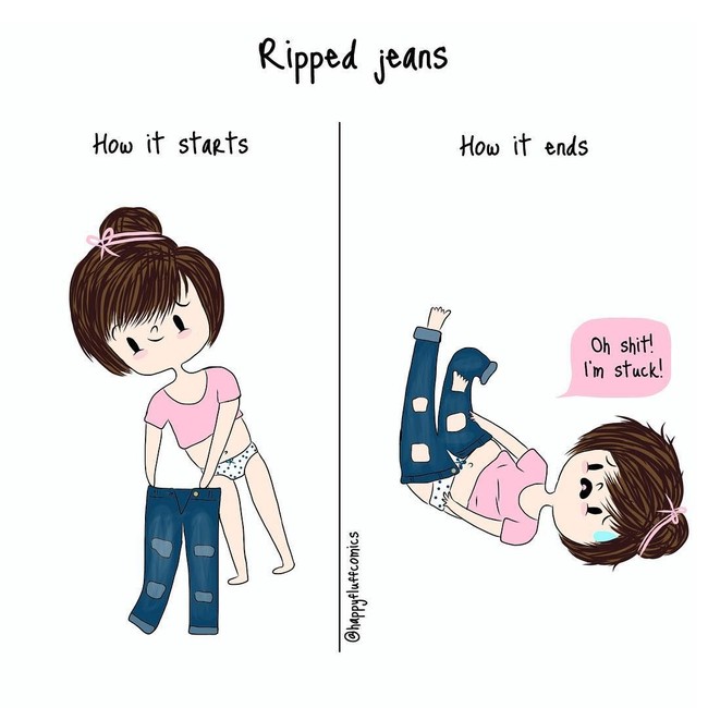 Saat kebanyakan makan, jeans pun jadi suka nggak muat. Foto: Instagram @happyfluffcomics
