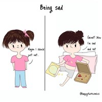 Ini pasti sering terjadi pada kamu saat sedang sedih. Niat hanya makan sedikit untuk menghibur hati tapi akhirnya selalu menyesal ketika ngemil kebanyakan. Foto: Instagram @happyfluffcomics