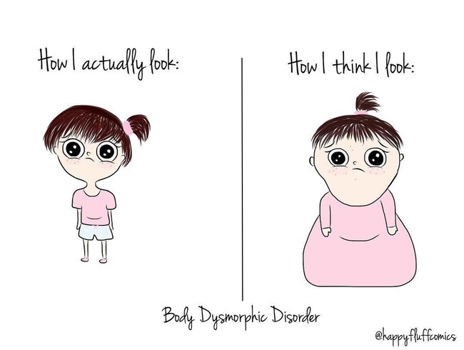 Wanita yang hobi makan mungkin sering merasa gemuk. Padahal tubuh mereka sebenarnya masih kurus. Foto: Instagram @happyfluffcomics