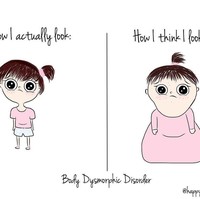 Wanita yang hobi makan mungkin sering merasa gemuk. Padahal tubuh mereka sebenarnya masih kurus. Foto: Instagram @happyfluffcomics