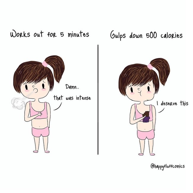 Sudah capek-capek olahraga, wanita sering ingin menghargai diri sendiri dengan makanan yang tinggi gula atau kalori. Foto: Instagram @happyfluffcomics