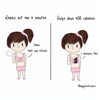 Sudah capek-capek olahraga, wanita sering ingin menghargai diri sendiri dengan makanan yang tinggi gula atau kalori. Foto: Instagram @happyfluffcomics