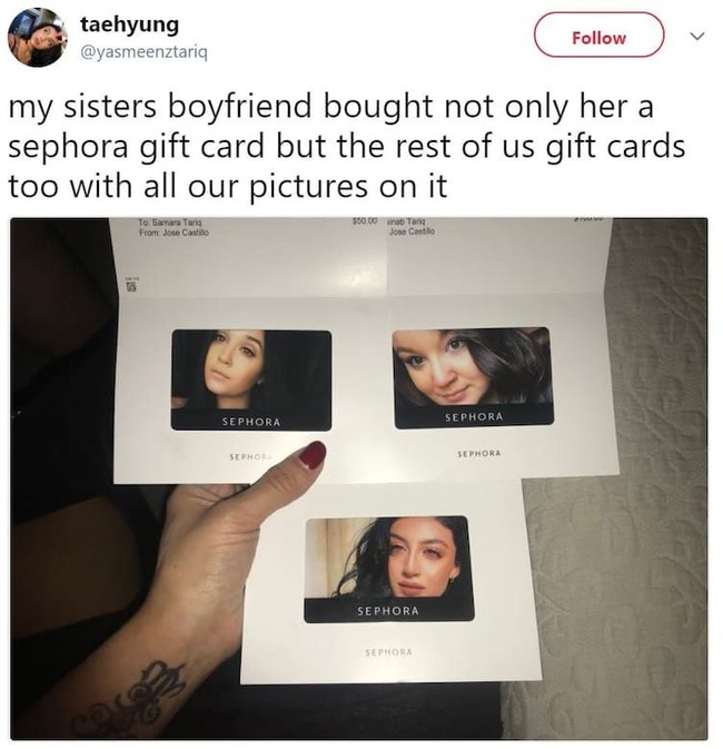 Pria baik hati ini jelas tahu apa yang diinginkan sekaligus dibutuhkan wanita. Membelikan gift card produk kecantikan bukan hanya untuk pacar namun teman-teman si pacar. Foto: Twitter