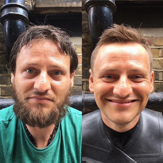 Petru datang ke London dari Romania, sekitar 9 tahun lalu. Dia sempat punya banyak pekerjaan tapi kini Petru harus hidup di jalanan. Ini wajah Petru yang berubah jauh lebih rapi setelah dicukur jenggot dan kumisnya. Foto: Instagram/@joshuacoombes