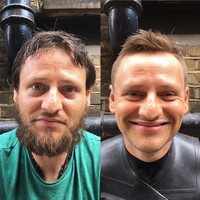 Petru datang ke London dari Romania, sekitar 9 tahun lalu. Dia sempat punya banyak pekerjaan tapi kini Petru harus hidup di jalanan. Ini wajah Petru yang berubah jauh lebih rapi setelah dicukur jenggot dan kumisnya. Foto: Instagram/@joshuacoombes