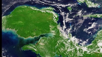 Penampakkan sebagian pulau Papua yang indah dari angkasa. Sekitar 60% sampai 80% wilayahnya diselimuti oleh hutan yang menghijau. Foto: ESA/NASA