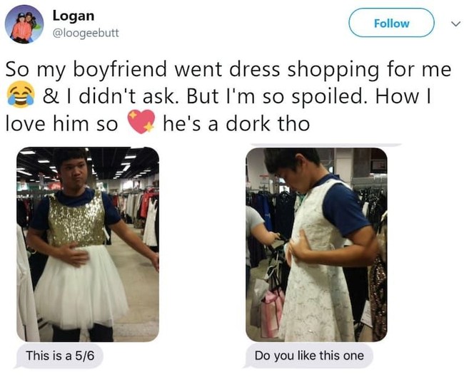 Bukti lain jika banyak pria baik hati yang bahkan rela mencoba sendiri dress yang ingin dibelikannya untuk sang pacar. Foto: Twitter