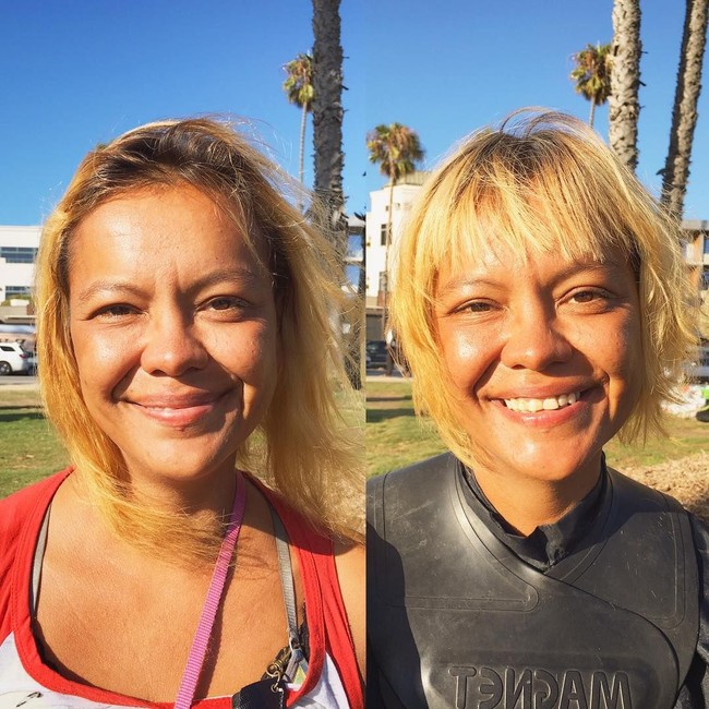 Jewel selalu memotong sendiri rambutnya beberapa tahun belakangan. Jadi ketika Joshua menawarkan untuk memotong rambutnya secara gratis, wanita 32 tahun ini sangat senang. Rambut pendek dan berponi membuat penampilan Jewel lebih segar. Foto: Instagram/@joshuacoombes