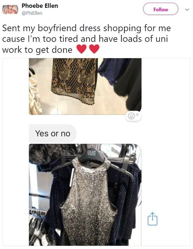Wanita ini sedang banyak tugas dan tak sempat belanja. Untung pacarnya yang baik hati mau ke mal untuk membelikannya busana dress untuk pesta. So sweet, ya? Foto: Twitter