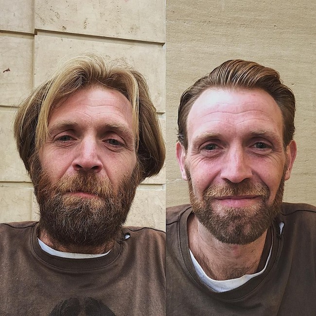 Sudah satu tahun sejak Laurent terakhir kali memotong rambutnya. Pria asal Prancis ini awalnya ragu ketika akan dipotong rambutnya oleh Joshua, karena merasa rambutnya sangat kotor. Tapi lihat perubahannya setelah Laurent dirapikan rambutnya dan diberi gel. Tidak terlihat seperti seorang gelandangan. Foto: Instagram/@joshuacoombes