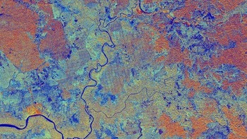 Foto ini menampakkan wilayah Kalimantan dan diambil dari satelit Sentinel-1A dari European Space Agency pada tahun 2015. Terlihat sungai Sampit, permukaan di sekeliling terlihat dengan warna-warna berbeda tergantung apa yang ada di atas. Misalnya warna orange menunjukkan tanaman yang berusia lebih muda. Foto: ESA/NASA