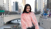 Mengenakan jaket berbulu berwarna pink, Nat pede saja berfoto di depan Sungai Cheonggyecheon, sungai cantik yang dulu sempat kumuh tapi kini tertata rapi dan jadi destinasi wisata di Seoul. (Instagram/natkejsarin)