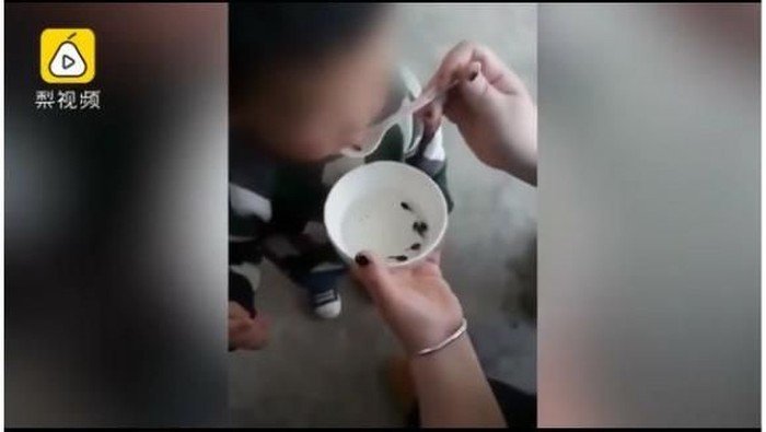 Ibu ini suapi anaknya dengan kecebong hidup. Apa tujuannya? Foto: Screenshot video Ibu ini suapi anaknya dengan kecebong hidup. Apa tujuannya? Foto: Screenshot video