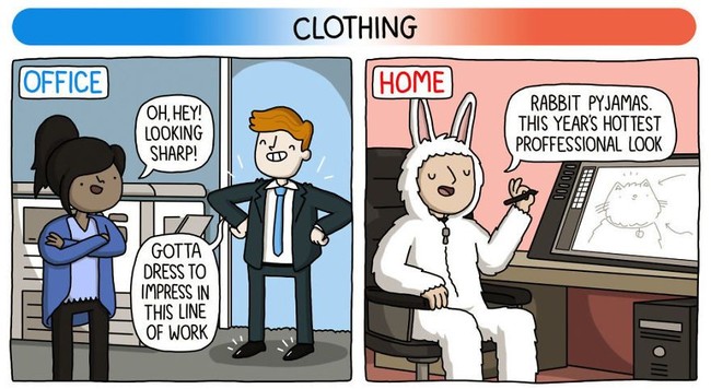 Banyak orang, terlebih wanita, berpikir keras mengenai apa yang harus kenakan di kantor setiap harinya. Berbeda dengan orang kantoran, mereka yang bekerja di rumah bisa pakai piyama, kostum aneh, bahkan tanpa busana. Foto: Emma Murray/Toggl