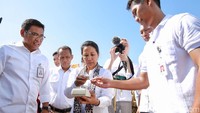 Rini Soemarno yang antusias melihat hasil panen kali ini.
