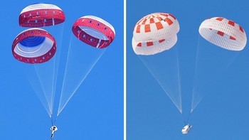 Foto kiri, Boeing menguji parasut untuk pesawat luar angkasa Starliner di wilayah Yuma, Arizona, AS pada 22 Februari 2018. Sebelah kanan, SpaceX menguji parasut untuk Crew Dragon pada 4 Maret 2018 di atas Gurun Mojave, California Selatan, AS. Pengujian ini dilakukan untuk mengecek apakah parasut bekerja dengan baik di segala kondisi. Foto: NASA, SpaceX via Space.com