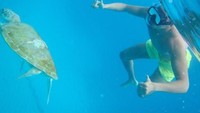 Kalau yang ini, dia snorkeling bareng penyu. Sayang, tidak diberitahu di mana lokasinya (smalling/Instagram)