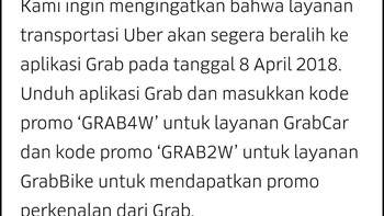 Pihak Uber juga menyertakan pesan serupa lain beserta tautan untuk mengunduh aplikasi Grab. (Foto: Screenshot)