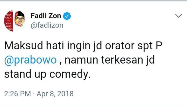 Fadli Sindir Orator yang Tiru Prabowo tapi Mirip Stand Up Comedy