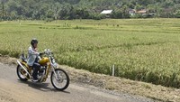 Presiden Joko Widodo mengendarai motor Chopper Royal Enfield 350 cc saat kunjungan kerja di Sukabumi. Foto: ANTARA FOTO/Puspa Perwitasari