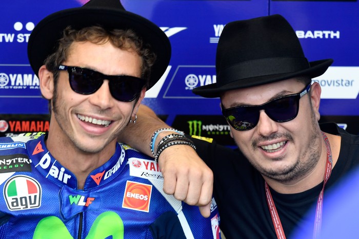 MISANO ADRIATICO, ITALY - SEPTEMBER 10:  Valentino Rossi of Movistar Yamaha MotoGP team pose with his friend Uccio in his pit during the MotoGP of San Marino Qualifying at Misano World Circuit on September 10, 2016 in Misano Adriatico, Italy.  (Photo by Mirco Lazzari gp/Getty Images)