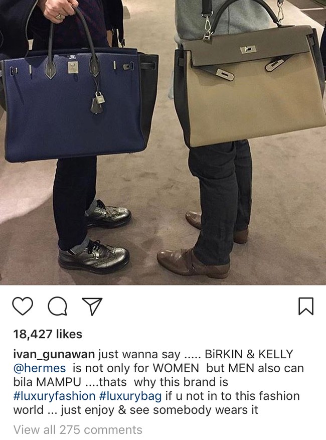 Dalam akun Instagramnya, presenter Borwnis ini pernah menuliskan keterangan foto yang menjelaskan alasannya menyukai tas Hermes. “Birkin & Kelly Hermes is not only for women but men also can bila MAMPU,” demikian penggalan tulisan Ivan Gunawan. Foto: Instagram