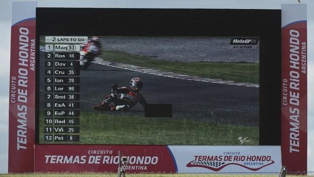 A giant screen displays the fall of Honda's Spanich biker Marc Marquez, during the Argentina Grand Prix at Termas de Rio Hondo circuit, in Santiago del Estero, Argentina on April 19, 2015. Italy's rider Valentino Rossi survived a late battle with defending world champion Marc Marquez, who crashed with two laps to go, before the Italian icon went on to win a dramatic Grand Prix of Argentina on Sunday.  AFP PHOTO / JUAN MABROMATA / AFP PHOTO / JUAN MABROMATA