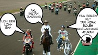 Dikarenakan tak ada pebalap yang berani maju, Ketua Umum Partai Gerindar, Prabowo Subianto, akhirnya berani ikut tanding di arena balapan untuk start dari baris terdepan bersama Jack Miller dan Jokowi, Foto: Instagram @orapateken