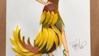 Dibuat oleh Edgar Artis, seniman ini mengubah kulit buah mangga menjadi gaun yang istimewa. Karya yang satu ini diberi judul Queen Mango.  Foto: Instagram @edgar_artis
