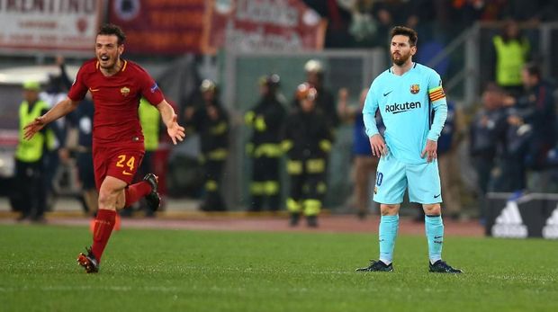 Barcelona kalah 0-3 dari AS Roma di perempat final Liga Champions.