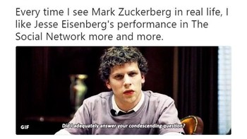 Ada juga yang jadi lebih suka versi Zuckerberg dalam film The Sosial Network yang diperankan oleh Jesse Eisenberg. (Foto: Twitter)